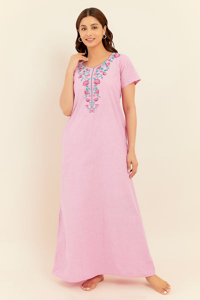 Solid With Floral Embroidered Yoke Nighty - Pink
