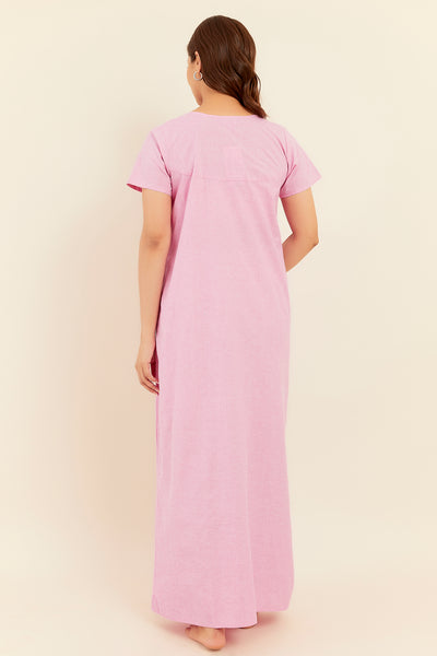 Solid With Floral Embroidered Yoke Nighty - Pink
