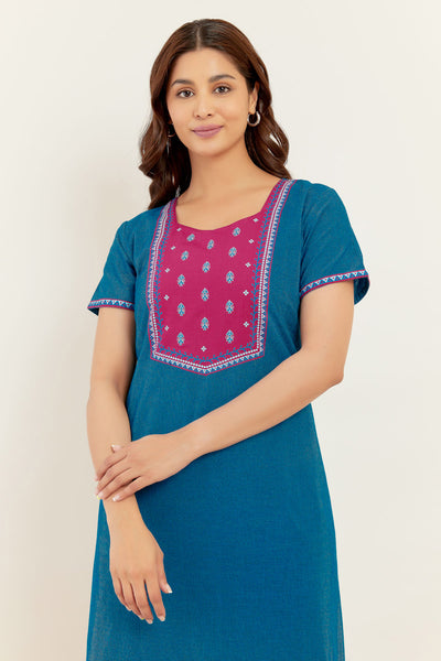 All Over Mini - Checked Printed With Contrast Yoke Nighty - Blue