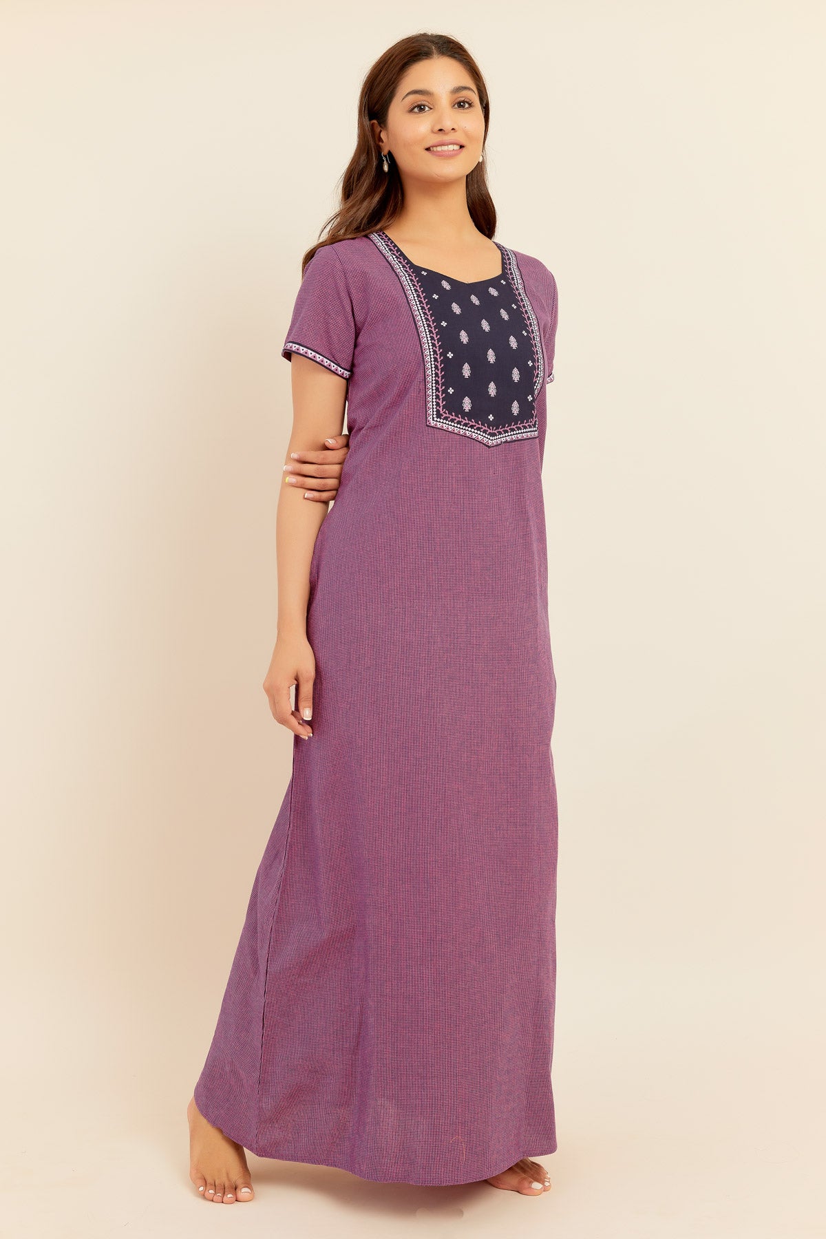 All Over Mini - Checked Printed With Contrast Yoke Nighty - Pink