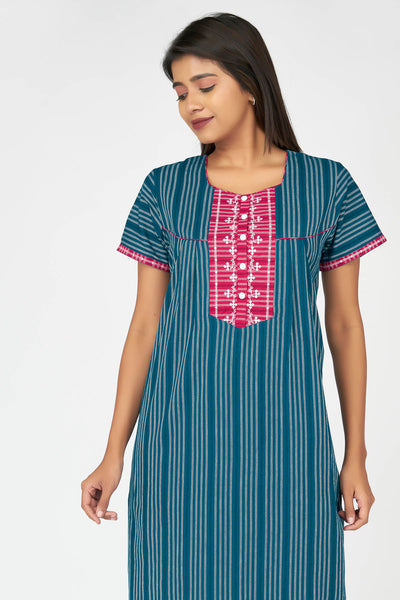 Pin striped & minimal embroidered Women's Nighty - Blue
