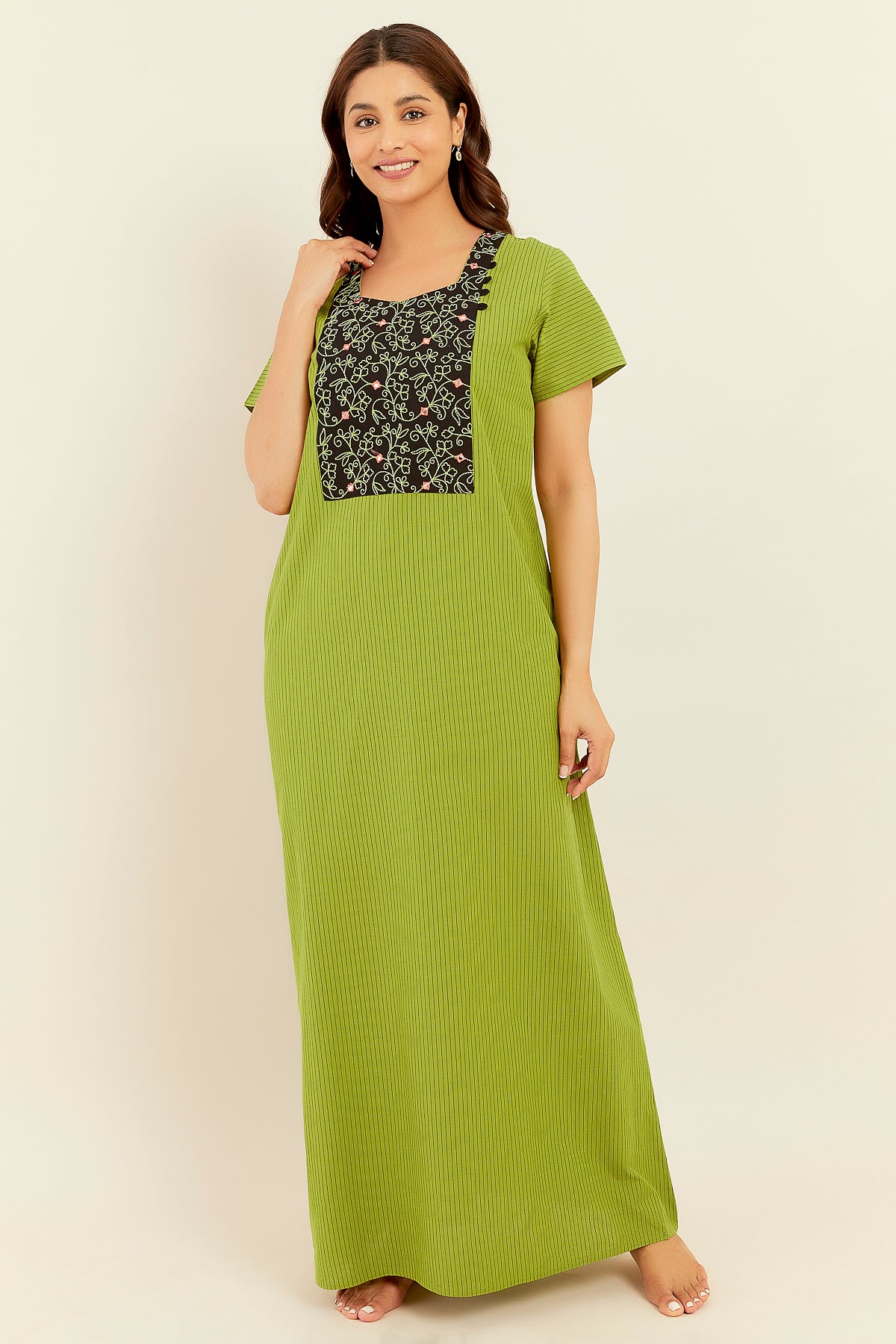 All Over Striped Printed With Embroidered Yoke Nighty - Green