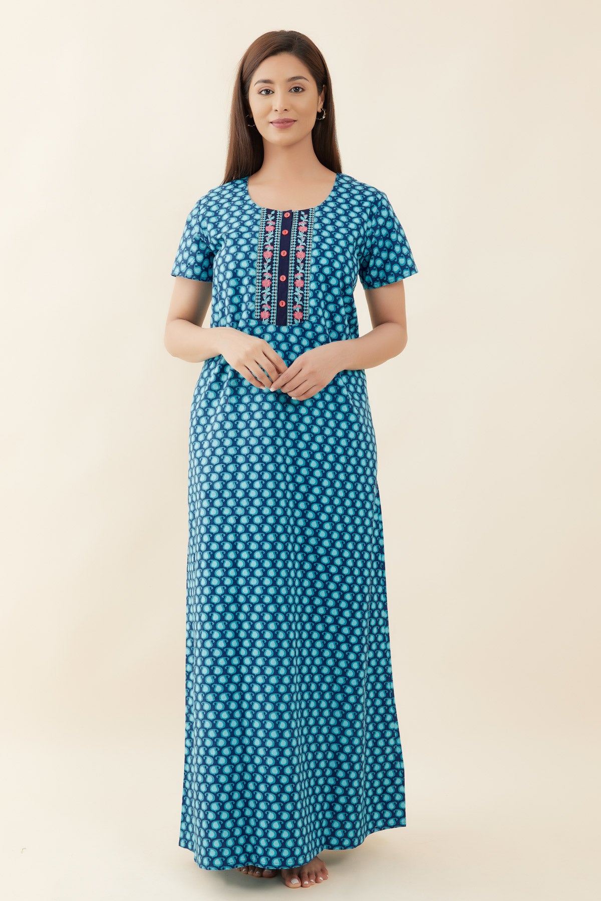All Over Paisley Printed With Contrast Embroidered Yoke Nighty - Blue