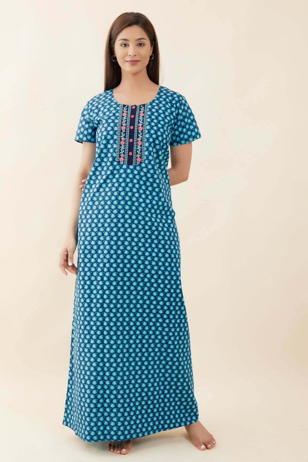 All Over Paisley Printed With Contrast Embroidered Yoke Nighty - Blue