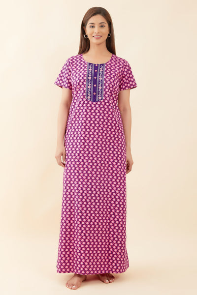 All Over Paisley Printed With Contrast Embroidered Yoke Nighty - Purple