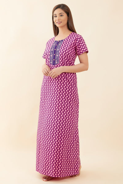 All Over Paisley Printed With Contrast Embroidered Yoke Nighty - Purple
