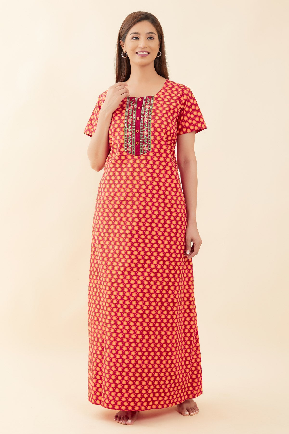 All Over Paisley Printed With Contrast Embroidered Yoke Nighty - Red