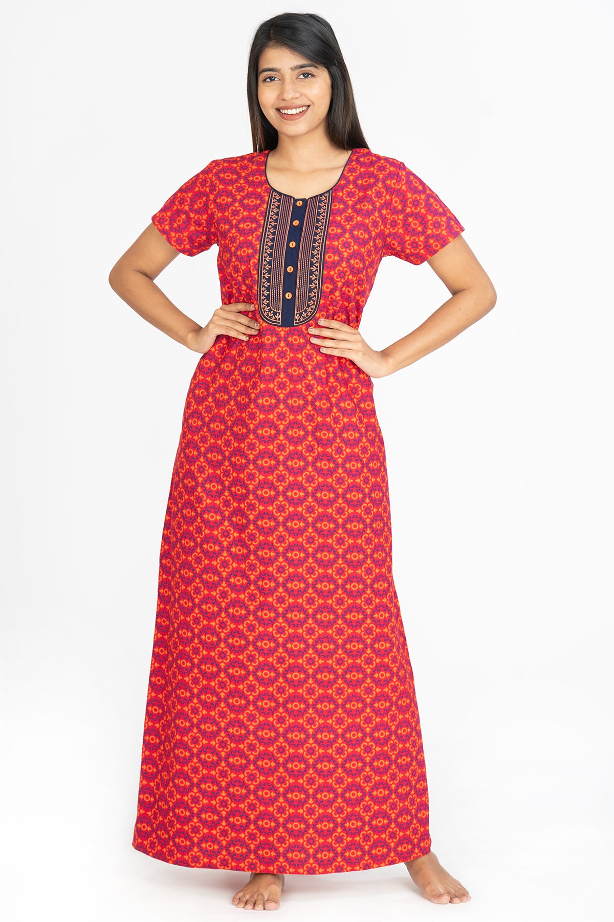 All Over Retro Floral Motif Print With Contrast Embroidered Yoke Nighty - Red