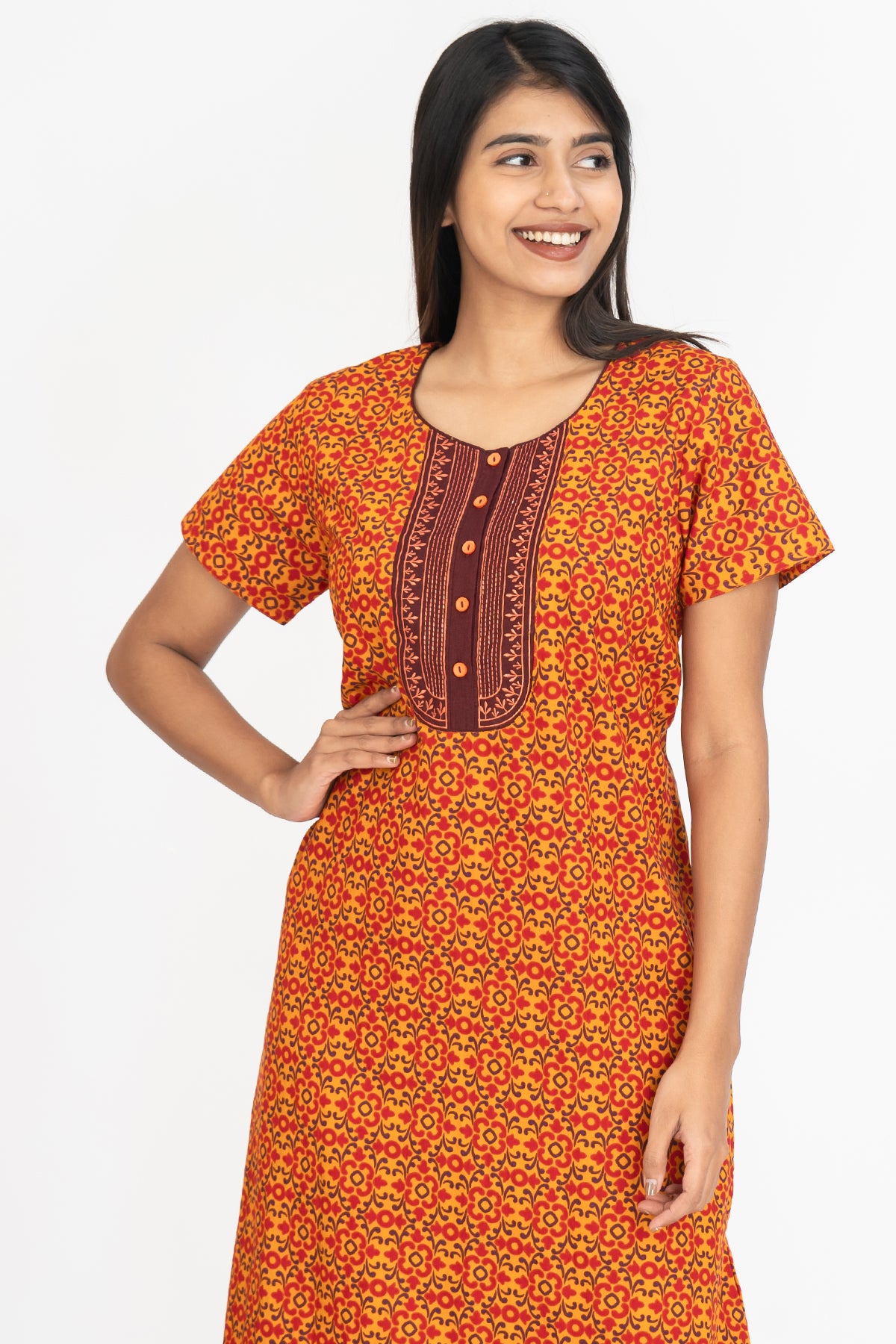 All Over Retro Floral Motif Print With Contrast Embroidered Yoke Nighty - Orange