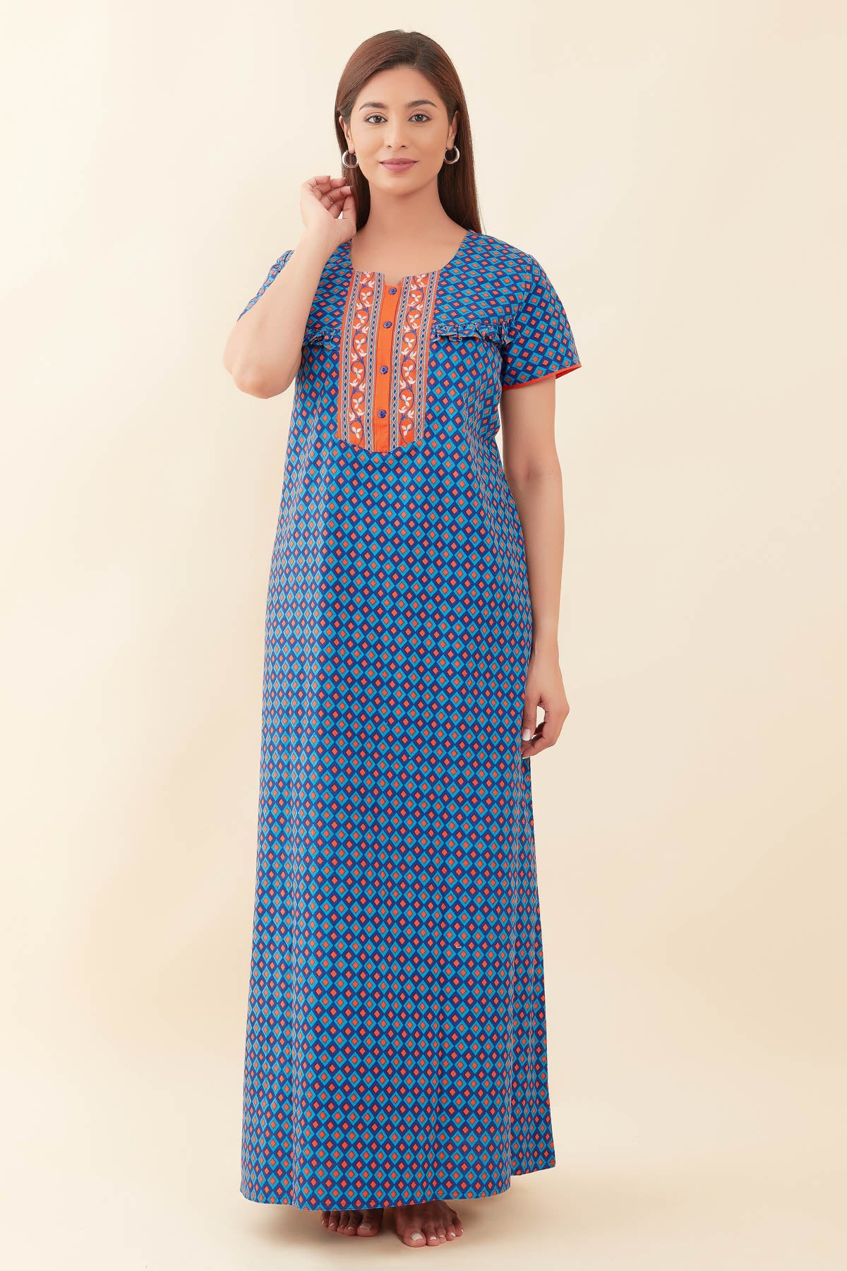 All Over Geometric Printed With Pleat Embellished Yoke Nighty - Blue