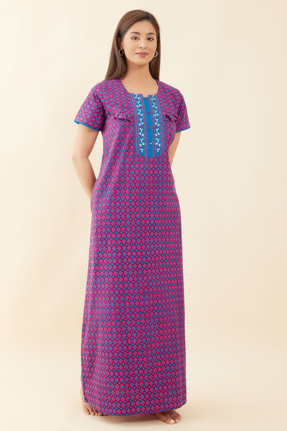 All Over Geometric Printed With Pleat Embellished Yoke Nighty - Pink
