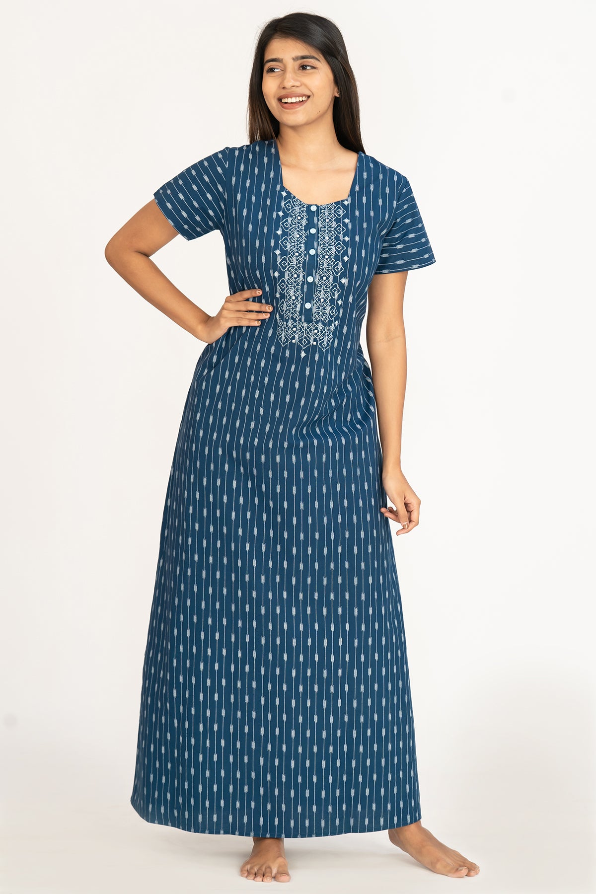 All Over Ikkat Print With Contrast Floral Embroidered Yoke Nighty -  Navy