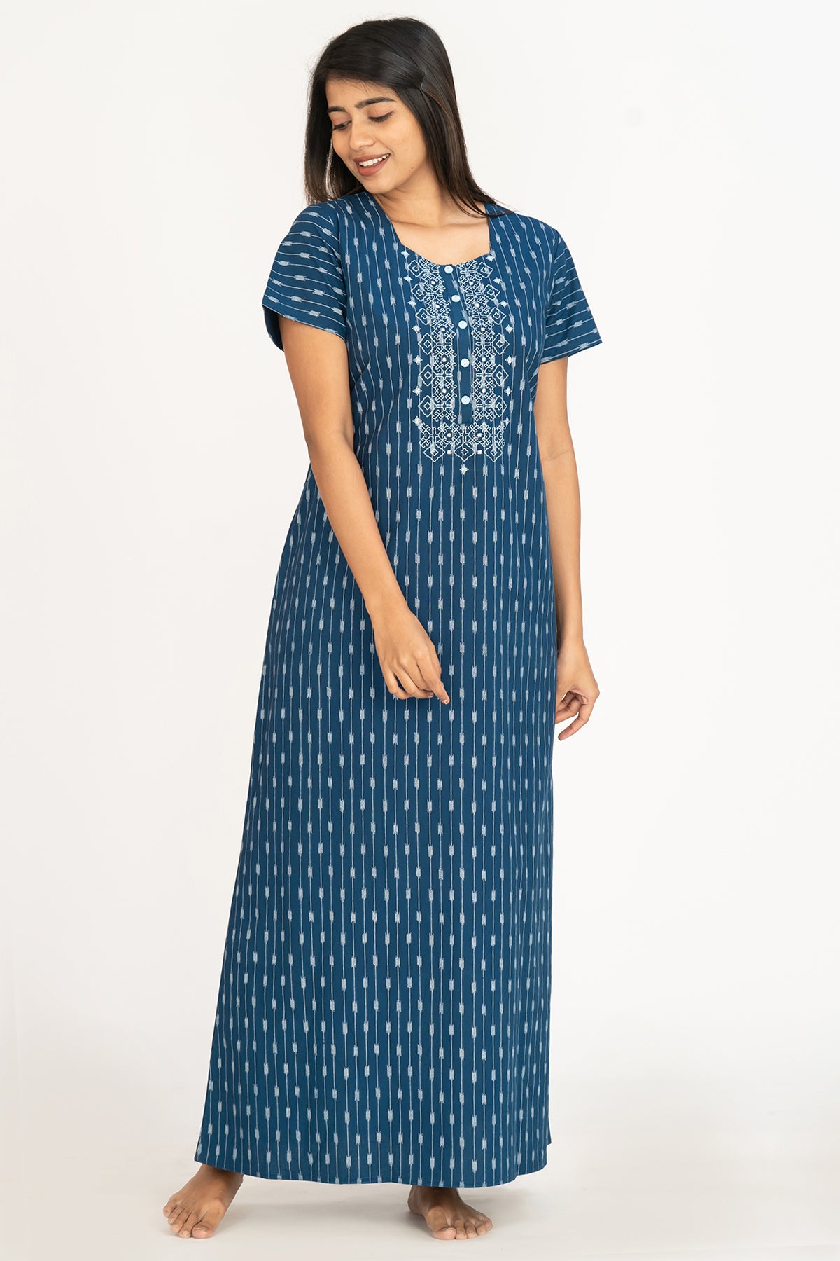 All Over Ikkat Print With Contrast Floral Embroidered Yoke Nighty -  Navy