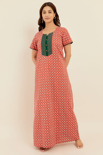All Over Geometric Printed With Embroidered Yoke Nighty - Peach
