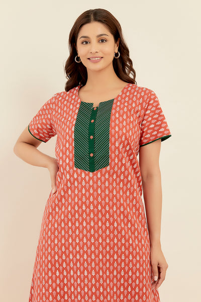 All Over Geometric Printed With Embroidered Yoke Nighty - Peach
