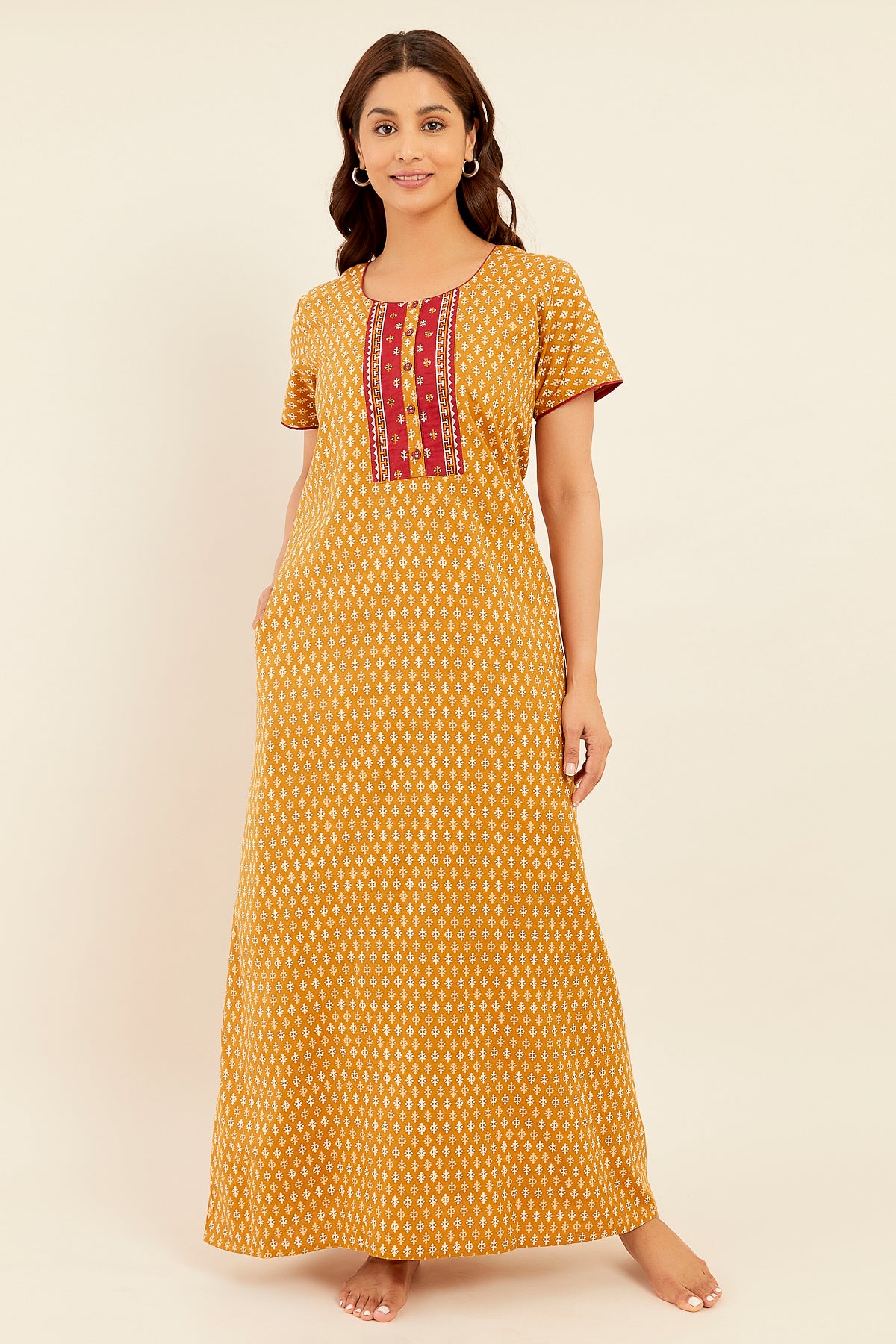 All Over Geometric Printed With Contrast Embroidered Yoke Nighty - Mustard