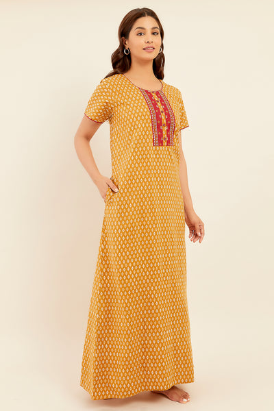All Over Geometric Printed With Contrast Embroidered Yoke Nighty - Mustard