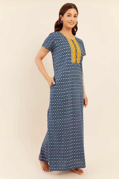 All Over Floral Geometric Printed With Contrast Embroidered Yoke Nighty - Blue