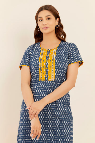 All Over Floral Geometric Printed With Contrast Embroidered Yoke Nighty - Blue