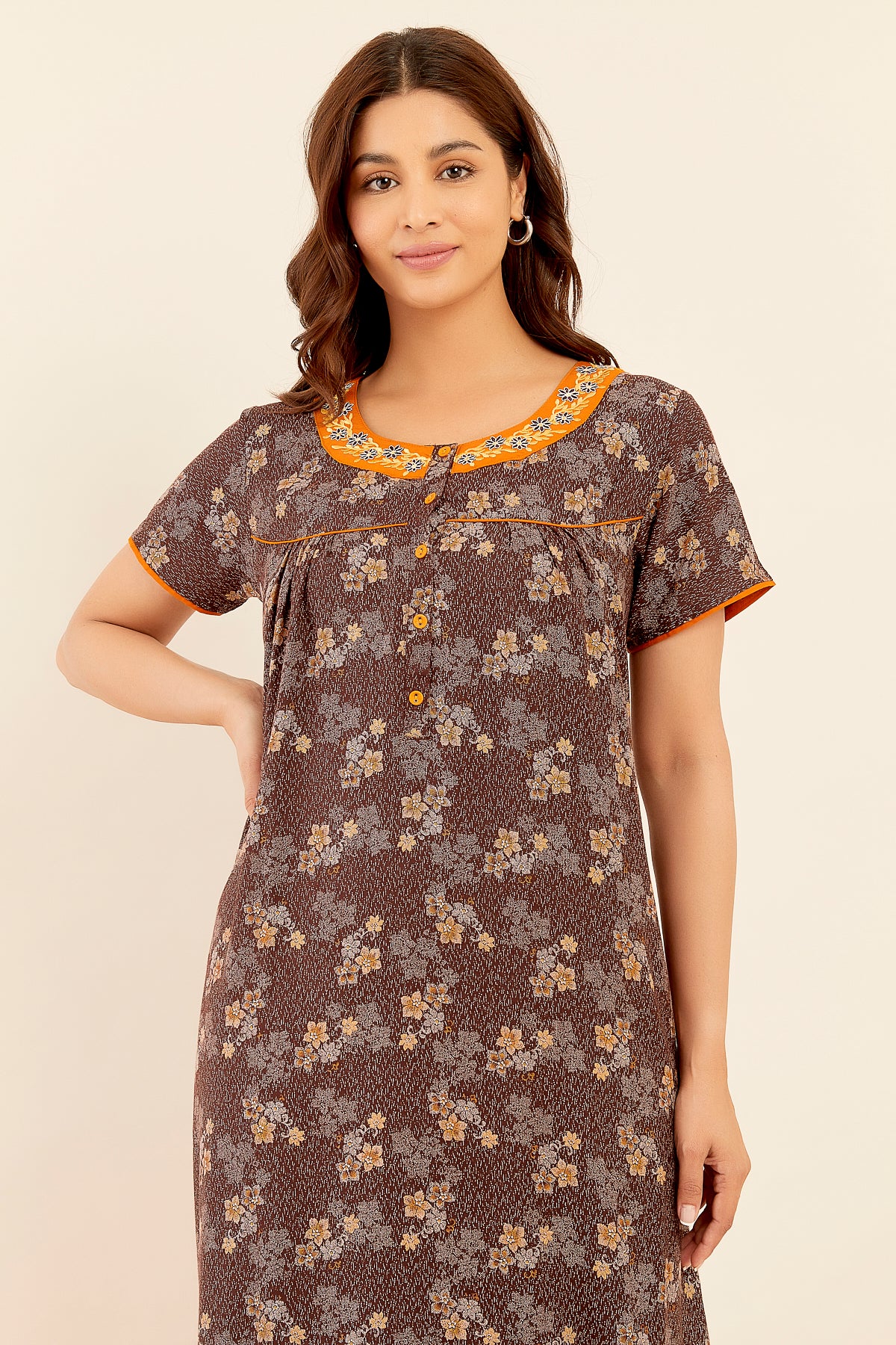 Floral Digital Printed With Embroidered Nighty - Brown