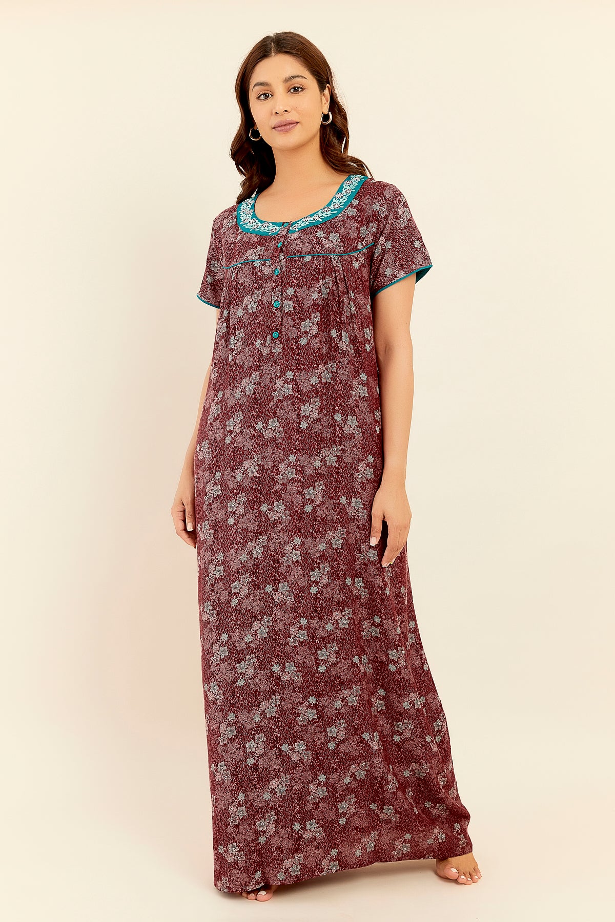 Floral Digital Printed With Embroidered Nighty Maroon