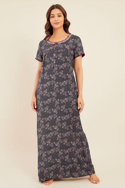 Floral Digital Printed With Embroidered Nighty - Black