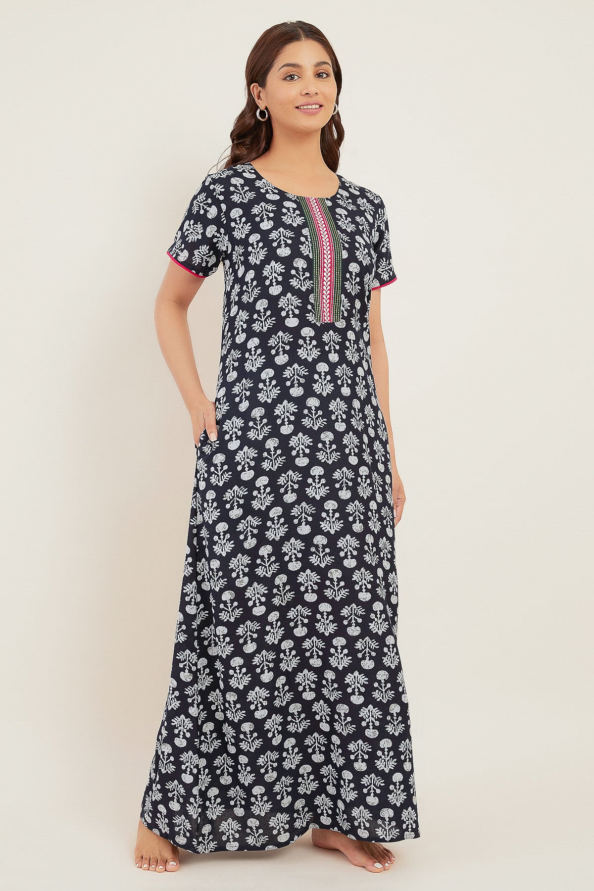 All Over Block Printed With Embroidered Yoke Nighty - Navy