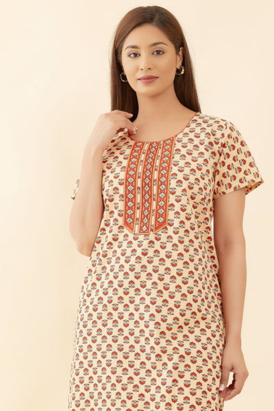 All Over Floral Printed With Contrast Embroidered Yoke Nighty -  Peach