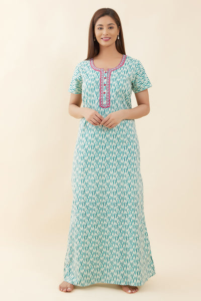 Abstract Print With Geometric Embroidered Yoke Nighty - Green