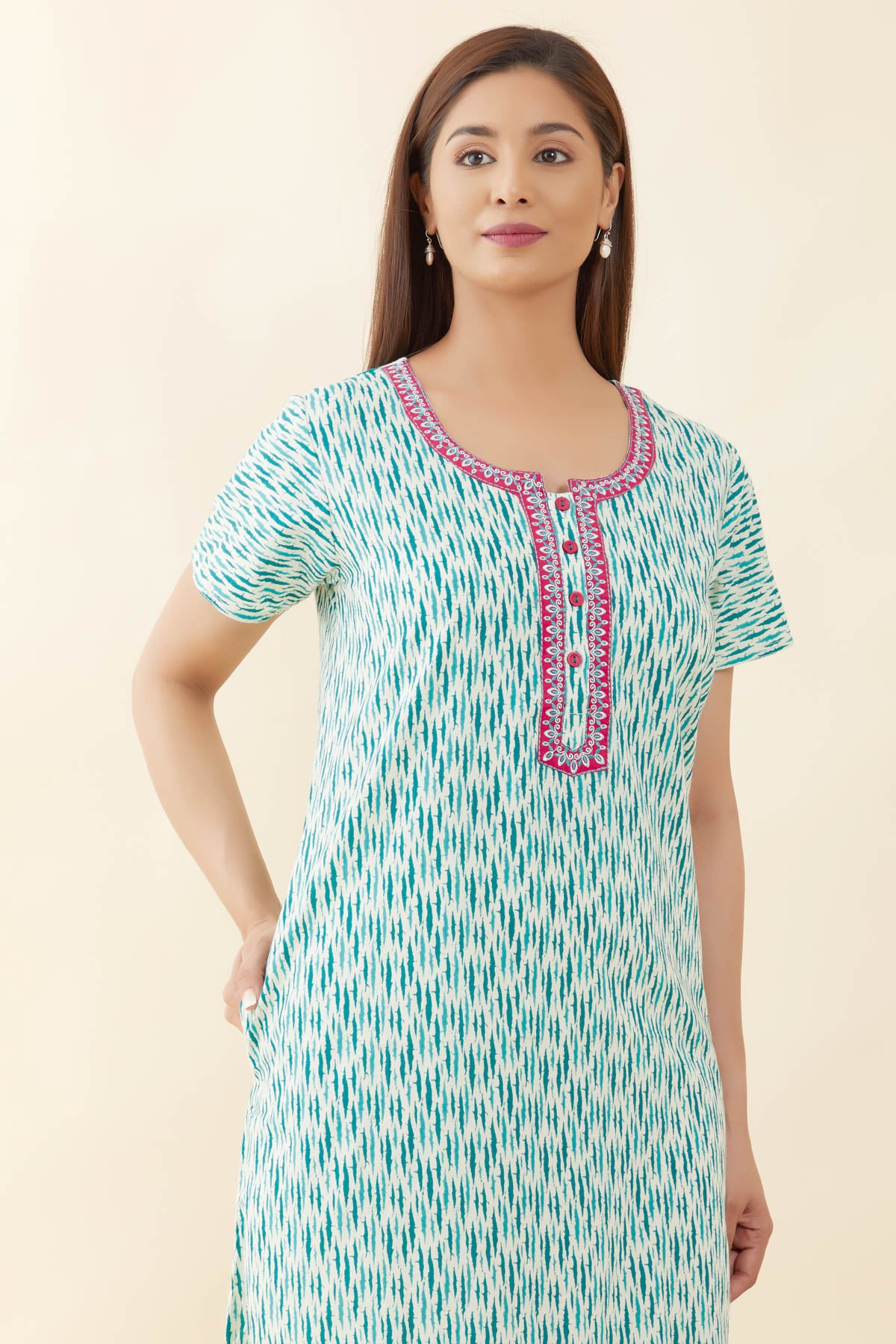 Abstract Print With Geometric Embroidered Yoke Nighty - Green