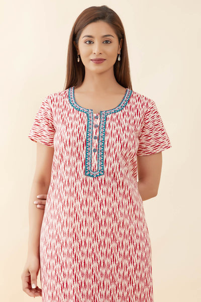 Abstract Print With Geometric Embroidered Yoke Nighty - Peach