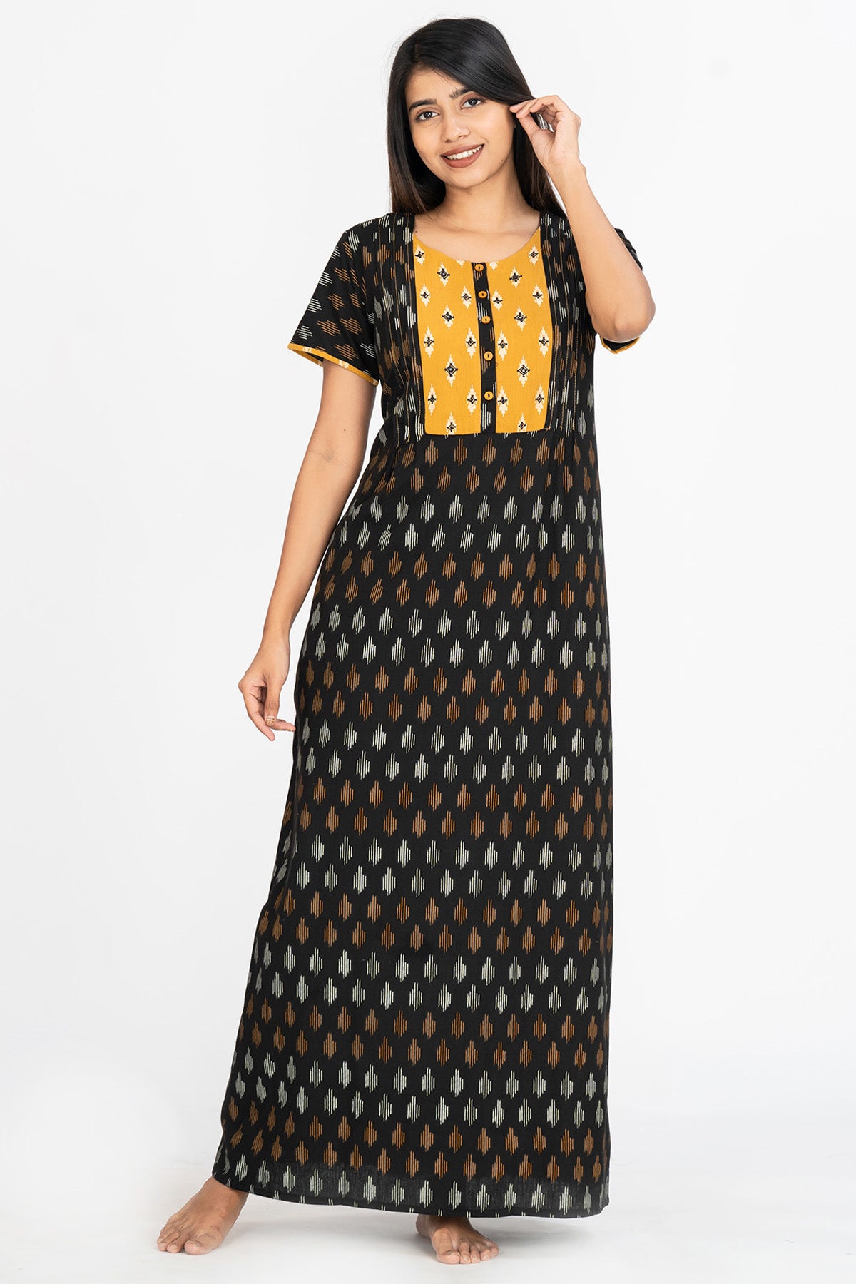 All Over Ikkat Print With Contrast Embroidered Yoke Nighty - Black