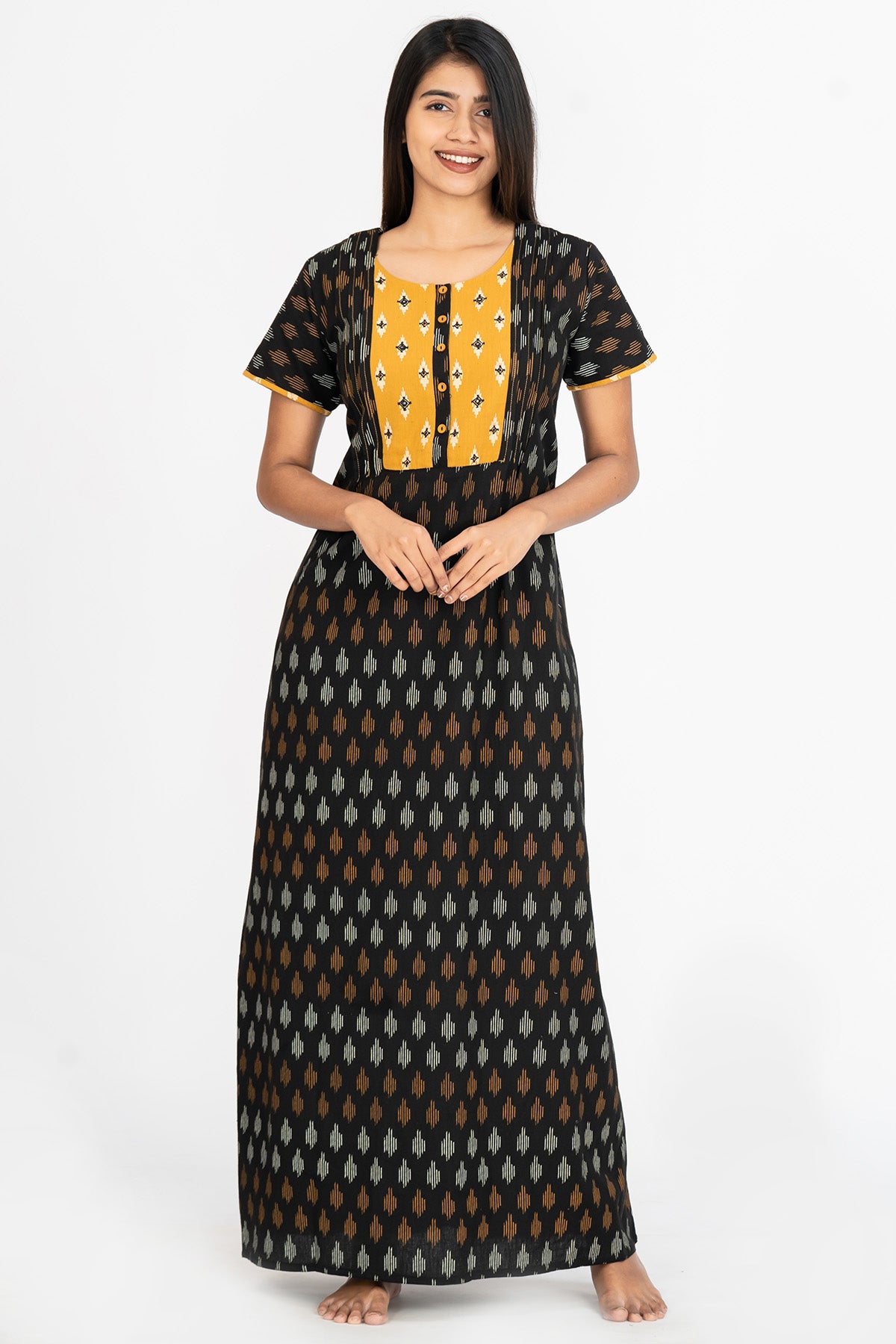 All Over Ikkat Print With Contrast Embroidered Yoke Nighty - Black