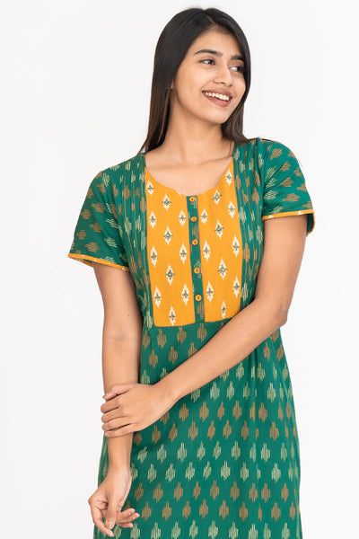 All Over Ikkat Print With Contrast Embroidered Yoke Nighty - Green