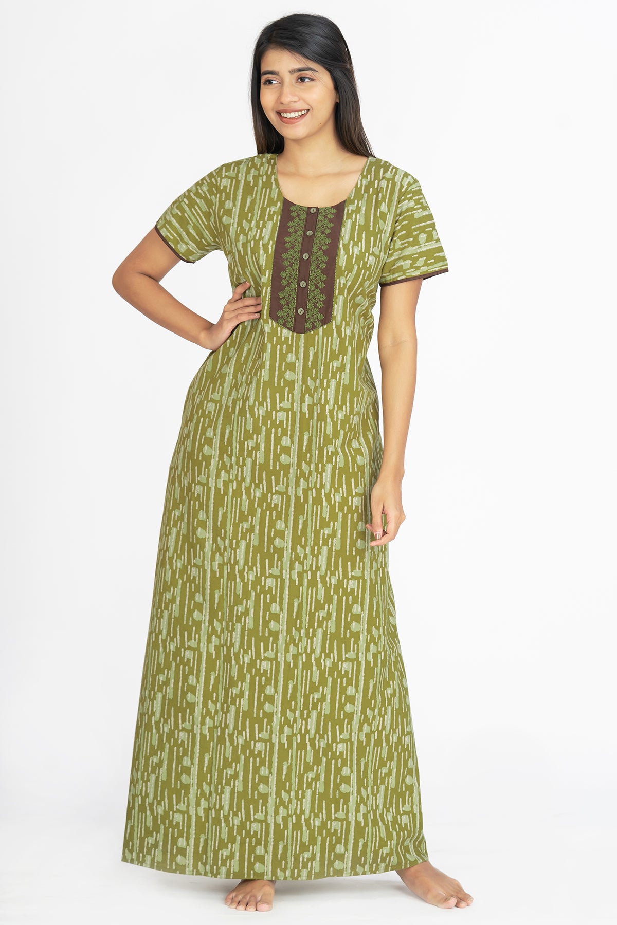 All Over Geometric Printed With Contrast Floral Motif Embroidered Yoke Nighty - Green