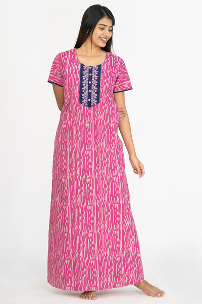 All Over Geometric Printed With Contrast Floral Motif Embroidered Yoke Nighty - Pink