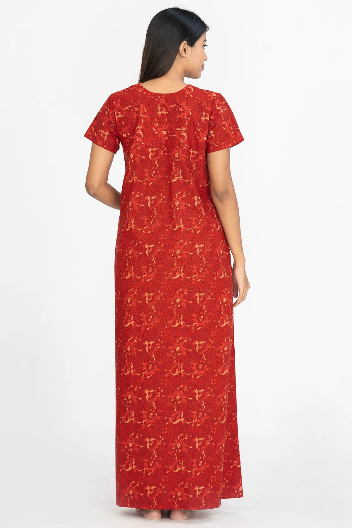 All Over Floral Abstract Printed With Contrast Yoke Nighty - Red
