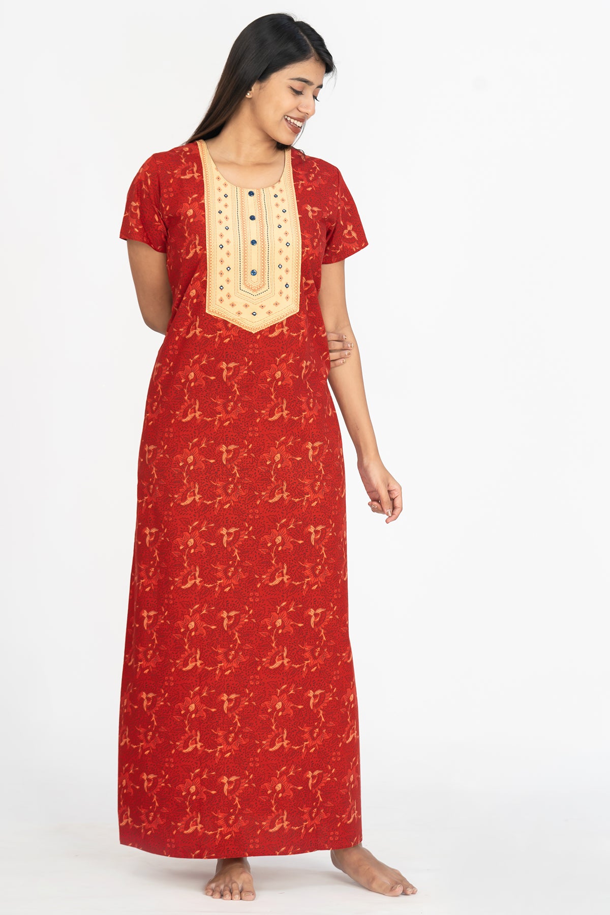 All Over Floral Abstract Printed With Contrast Yoke Nighty - Red