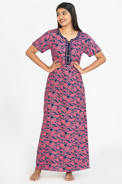 All Over Abstract & Floral Print With Contrast Embroidered Yoke Nighty - Pink