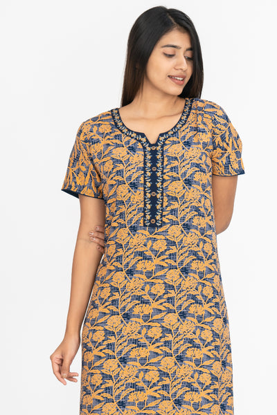 All Over Abstract & Floral Print With Contrast Embroidered Yoke Nighty - Mustard