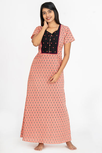 All Over Geometric Motif Print With Contrast Embroidered Yoke Nighty - Peach