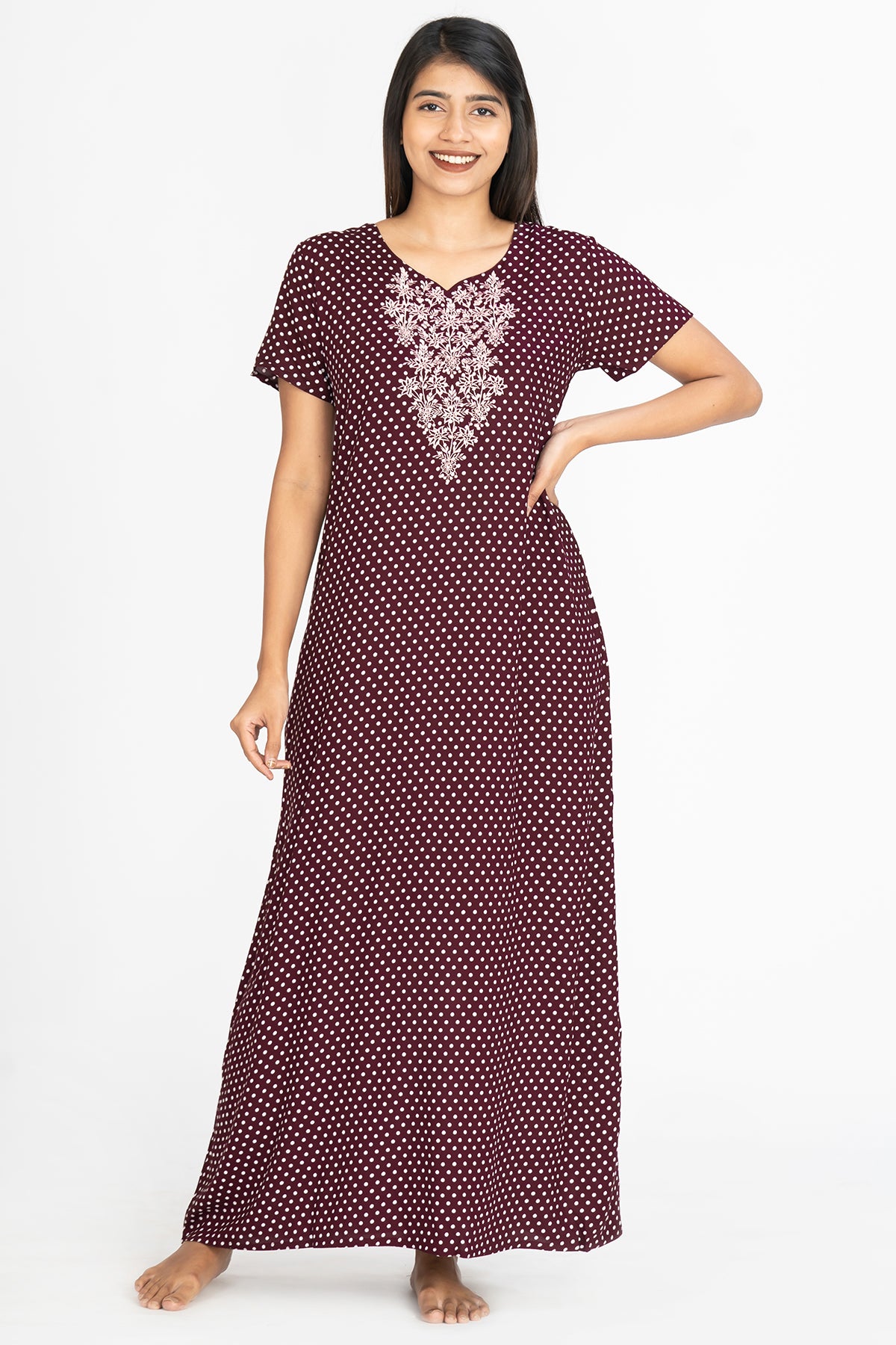 All Over Polka Dot Print With Contrast Floral Embroidered Yoke Nighty - Purple