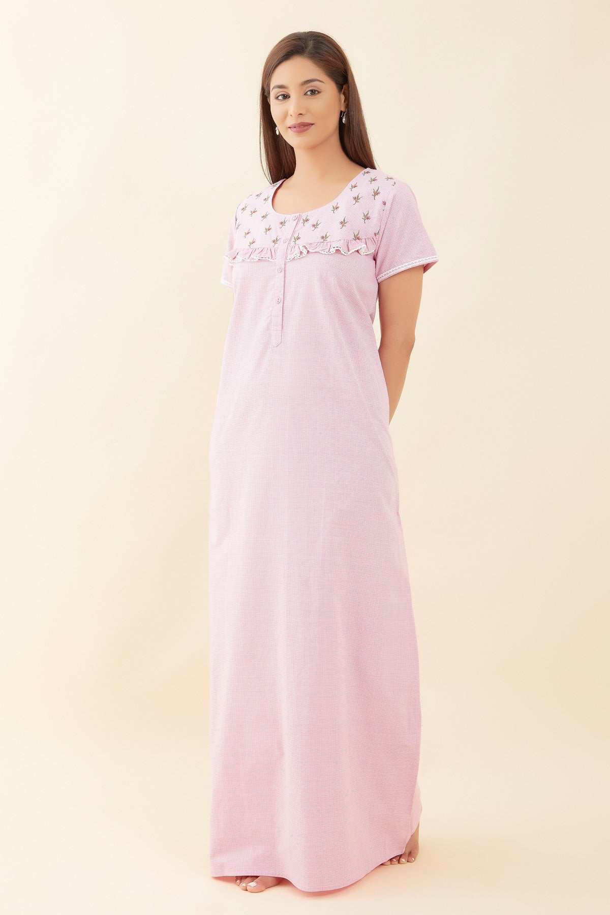 All Over Gingham Print With Floral Embroidered Yoke Nighty - Pink