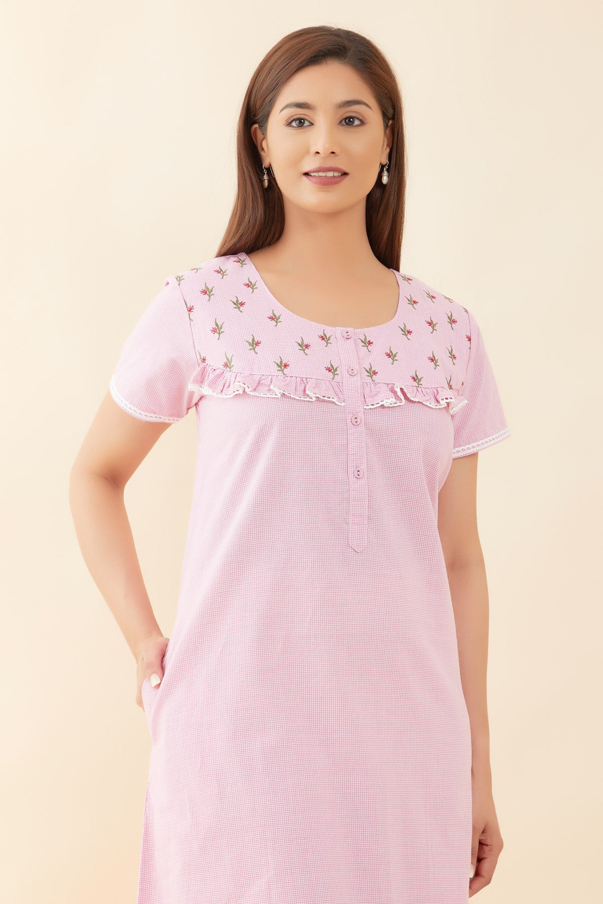 All Over Gingham Print With Floral Embroidered Yoke Nighty - Pink