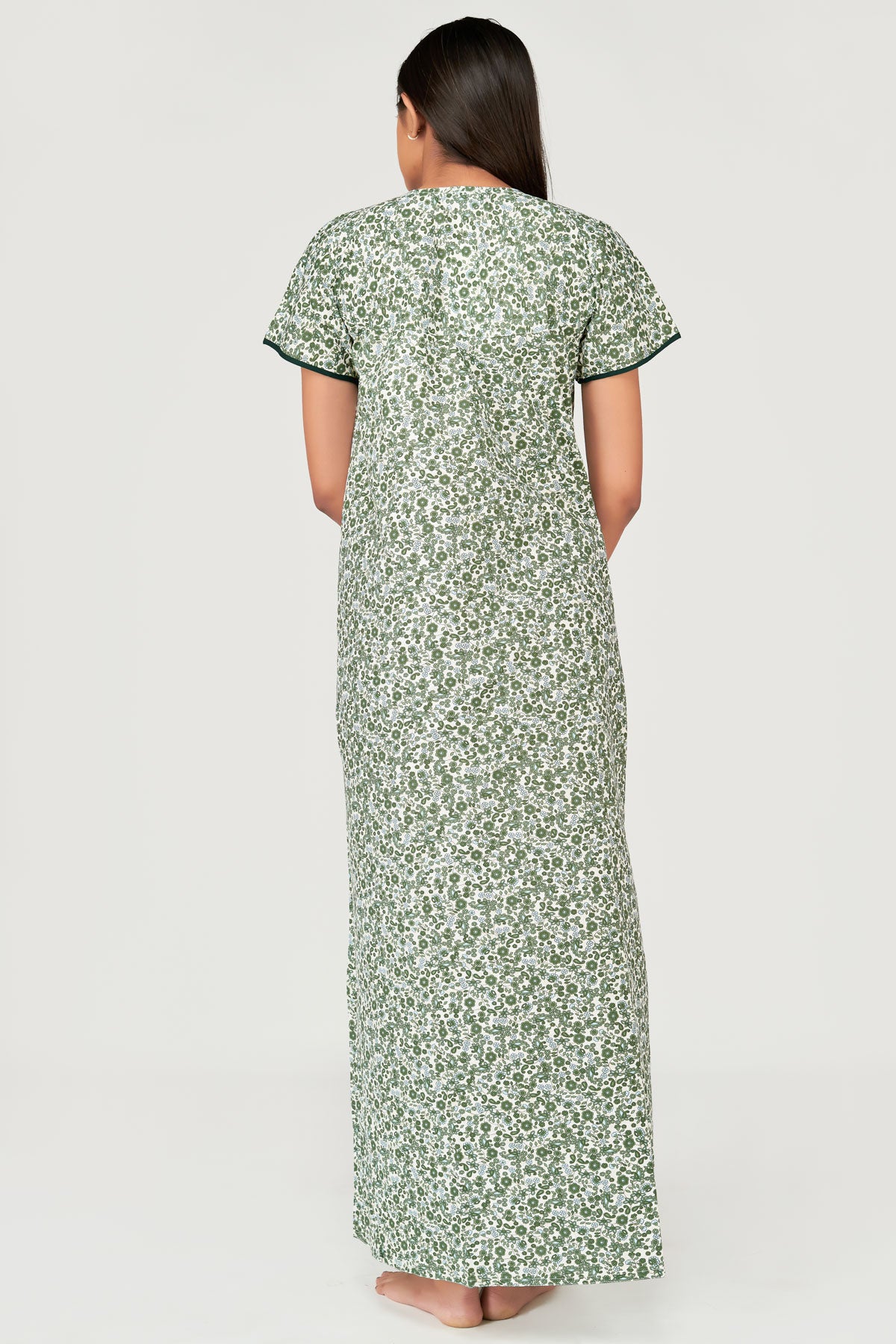 Ditsy Floral Printed & Embroidered Women's Nighty - Green