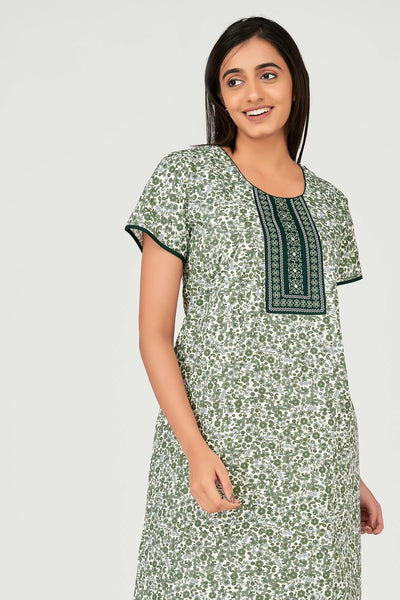 Ditsy Floral Printed & Embroidered Women's Nighty - Green