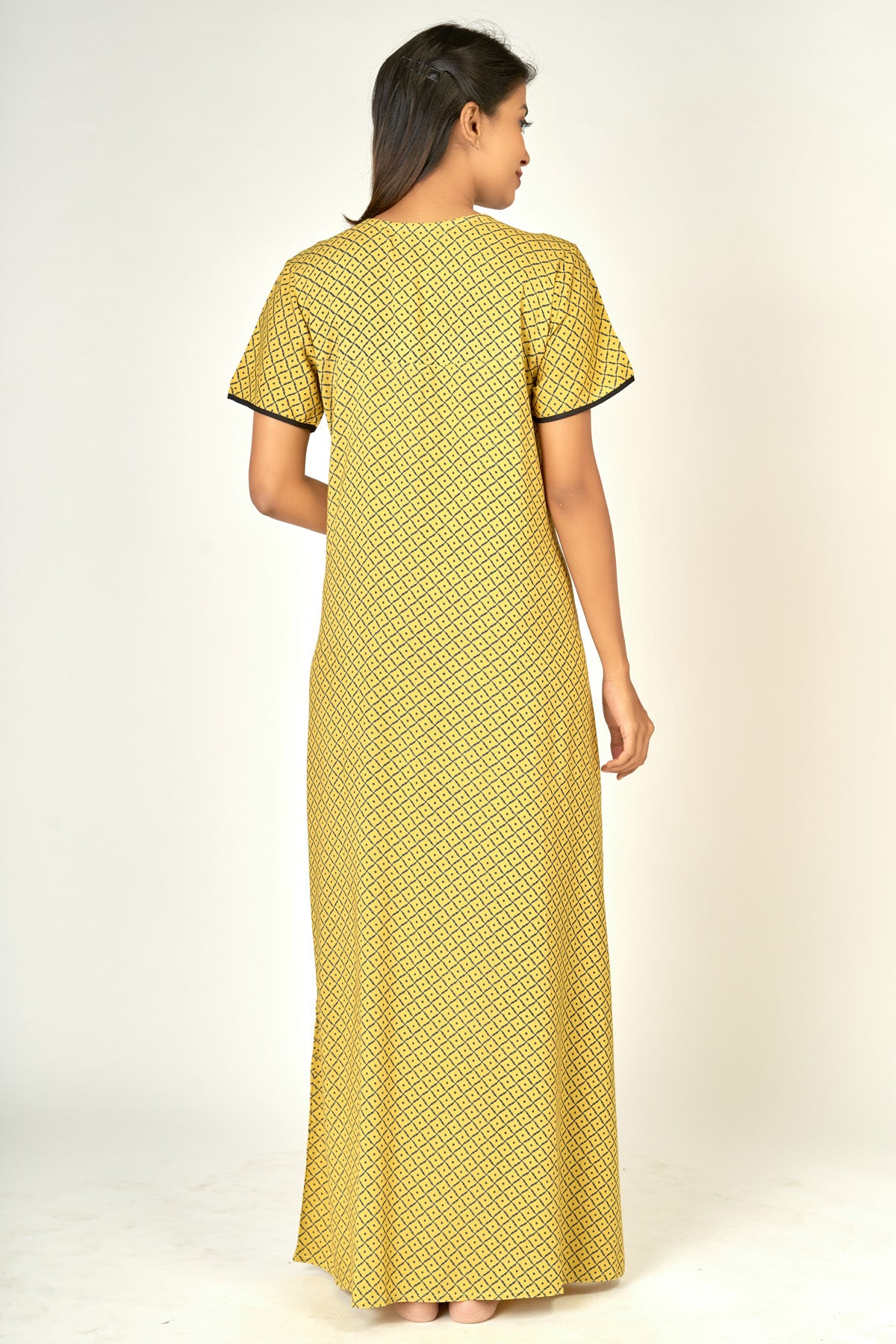 Allover geometric print nighty with embroidery - Yellow
