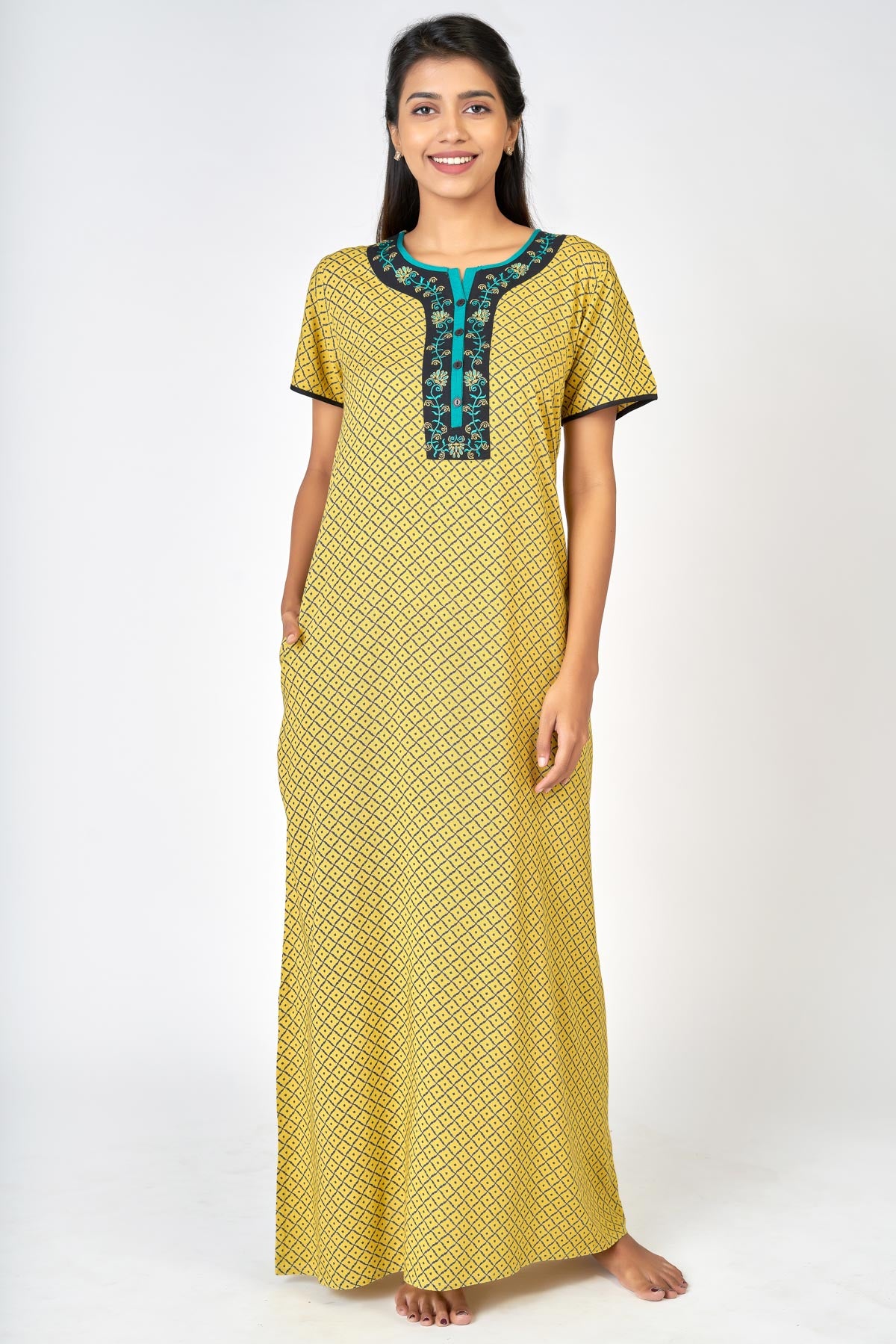 Allover geometric print nighty with embroidery - Yellow