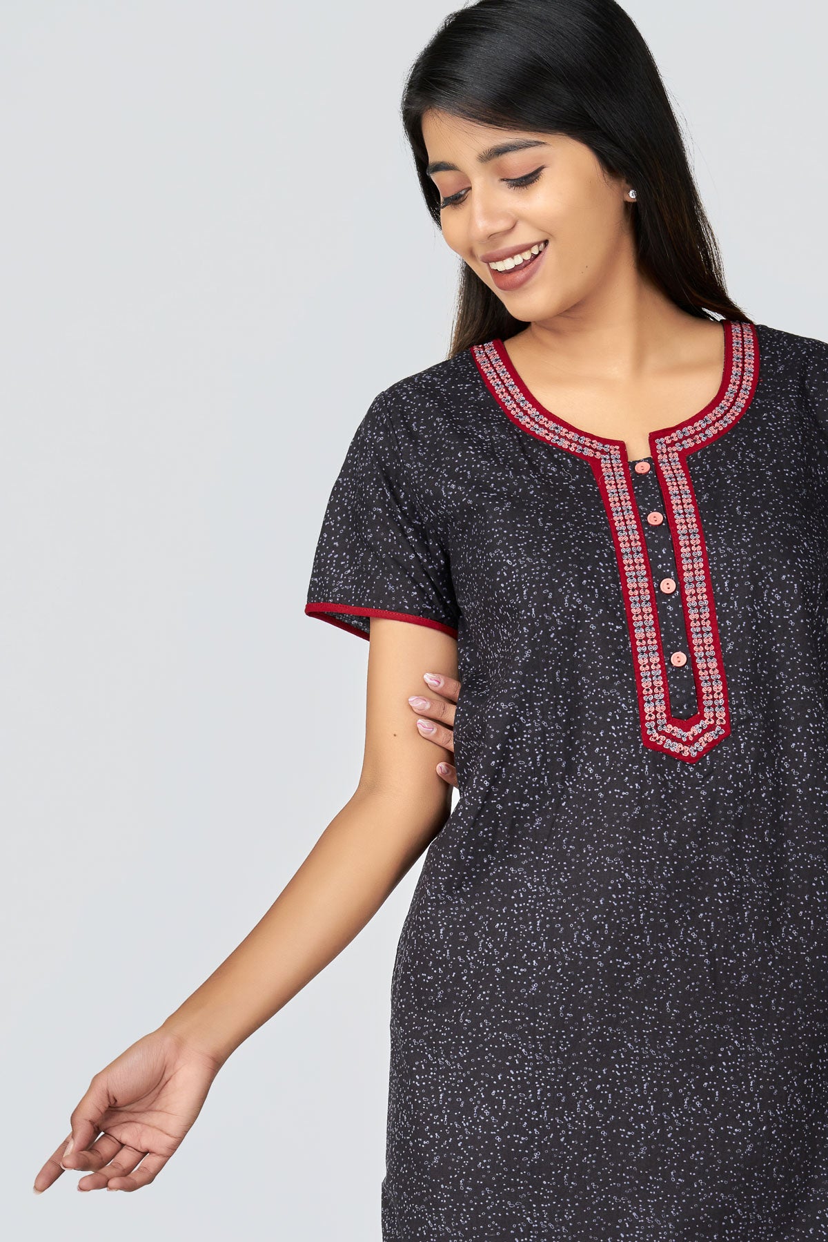 All Over Dots Printed Nighty - Black