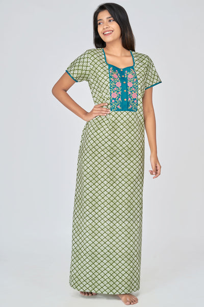 Animated Leaf printed & Floral embroidered Women's Nighty - Green 